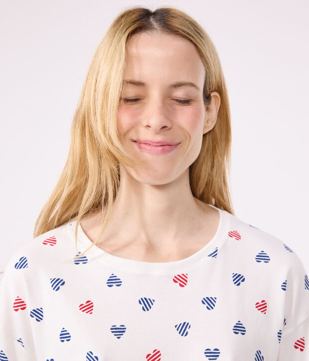 Katoenen damespyjama met hartjesprint wit/multicouleur