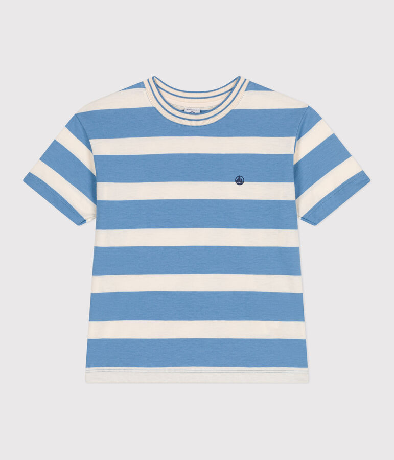 Teeshirt enfant en coton manches courtes &agrave; rayures bleu/&eacute;cru