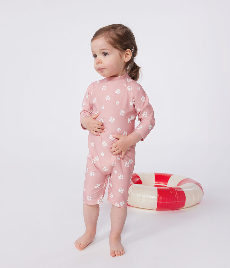 Combinaison anti UV b&eacute;b&eacute;, imprim&eacute;e &agrave; fleurs rose/blanc