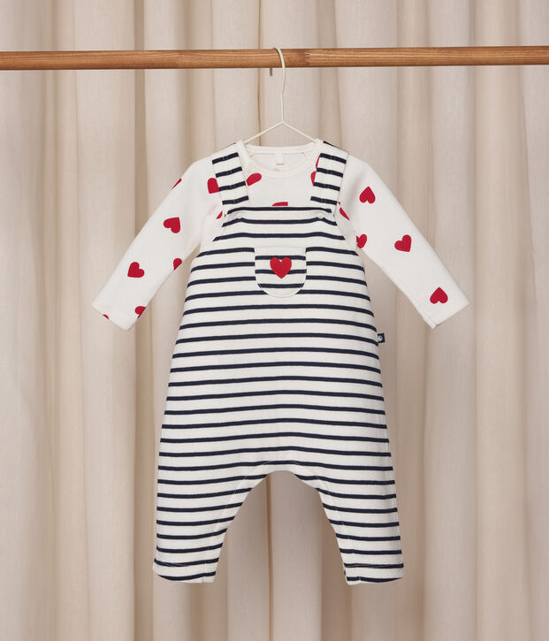 Ensemble salopette/body b&eacute;b&eacute; ray&eacute; et body imprim&eacute; c&oelig;urs blanc/bleu