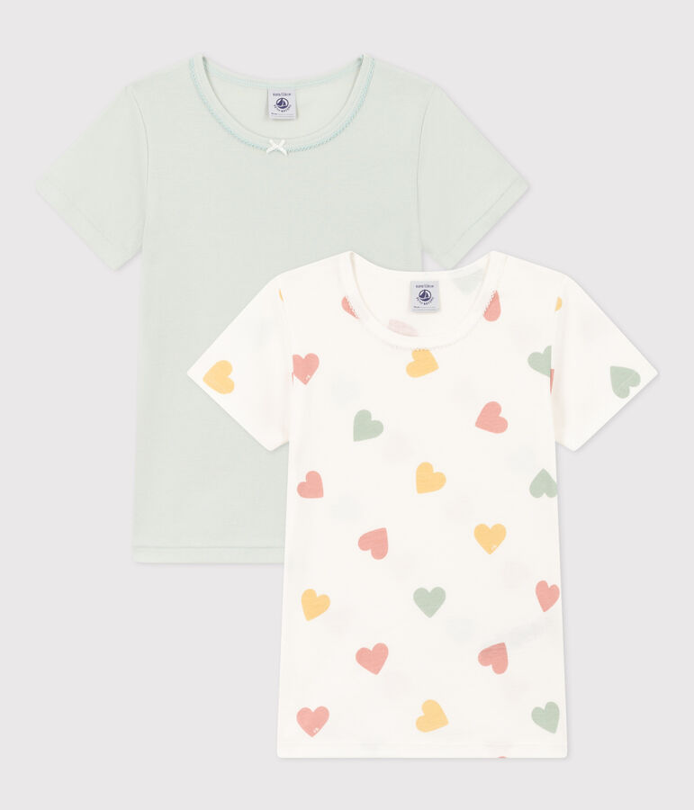 Lot de 2 tee shirts manches courtes c&oelig;ur en coton petite fille multicouleur