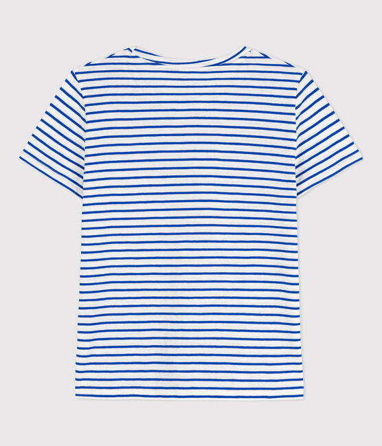 Tee-shirt LE DROIT 130 ans col rond en coton Femme blanc MARSHMALLOW/bleu PERSE