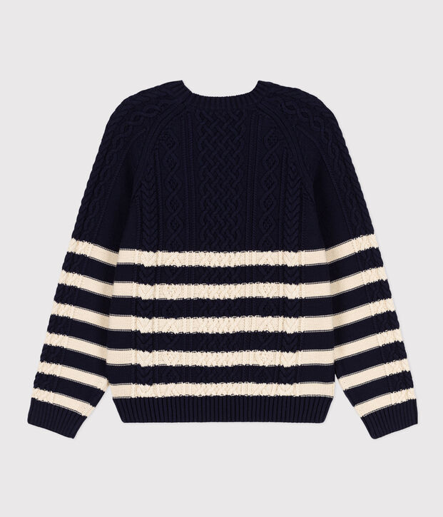 Pull irlandais &agrave; rayures en coton Femme bleu/&eacute;cru