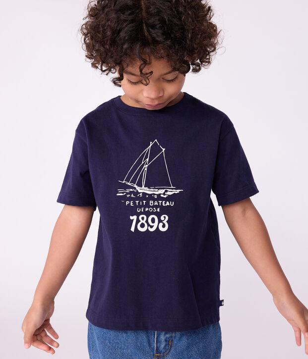 Tee-shirt enfant &agrave; manches courtes imprim&eacute; bleu marine