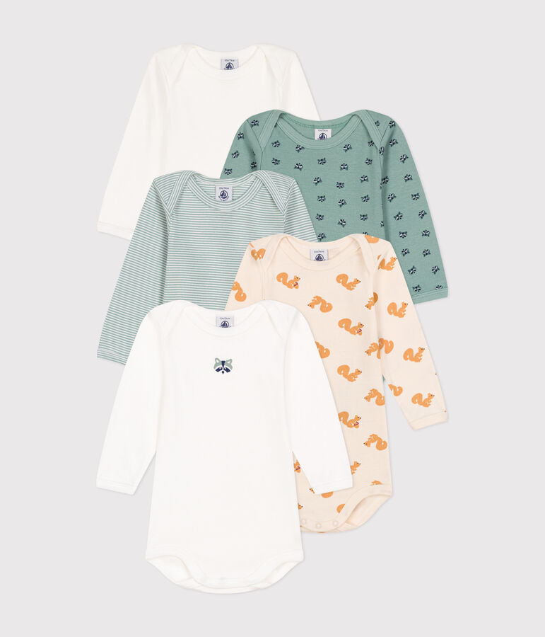 Setje met 5 katoenen body's met lange mouw en wasbeerprint voor baby's multicouleur