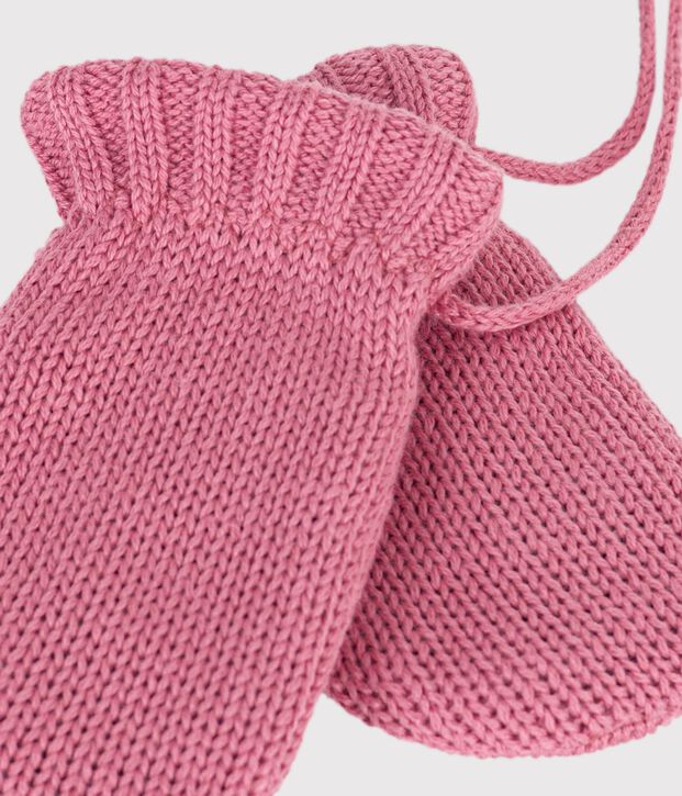 Moufles b&eacute;b&eacute; en tricot unies doubl&eacute;es polaire rose