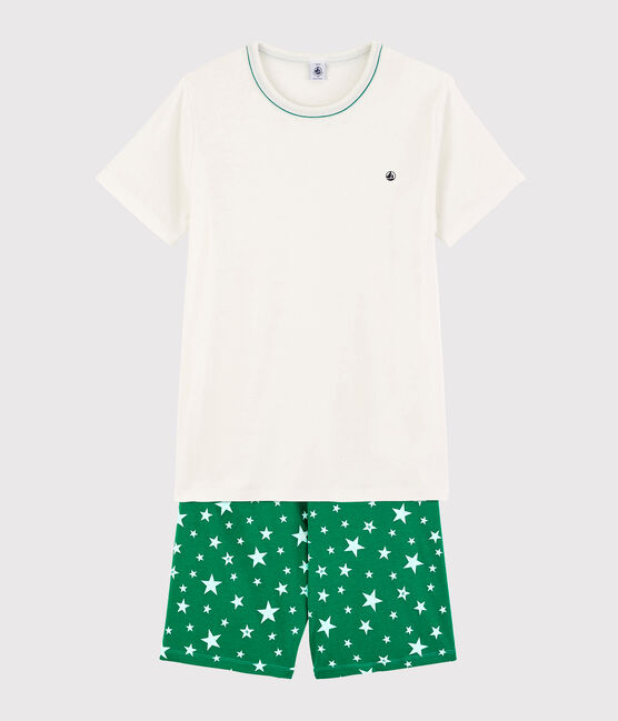 Witte pyjacourt van ribstof uniseks wit MARSHMALLOW/groen GAZON