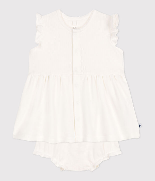 Robe blanche b&eacute;b&eacute; en nid d'abeille &agrave; manches courtes et bloomer blanc