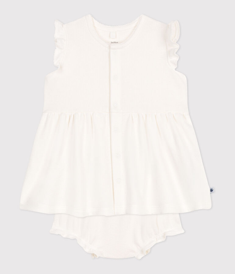 Robe blanche b&eacute;b&eacute; en nid d'abeille &agrave; manches courtes et bloomer blanc