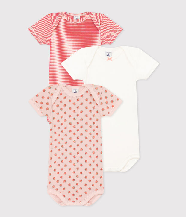 Lot de 3 bodies manches courtes fleurs b&eacute;b&eacute; en coton multicouleur