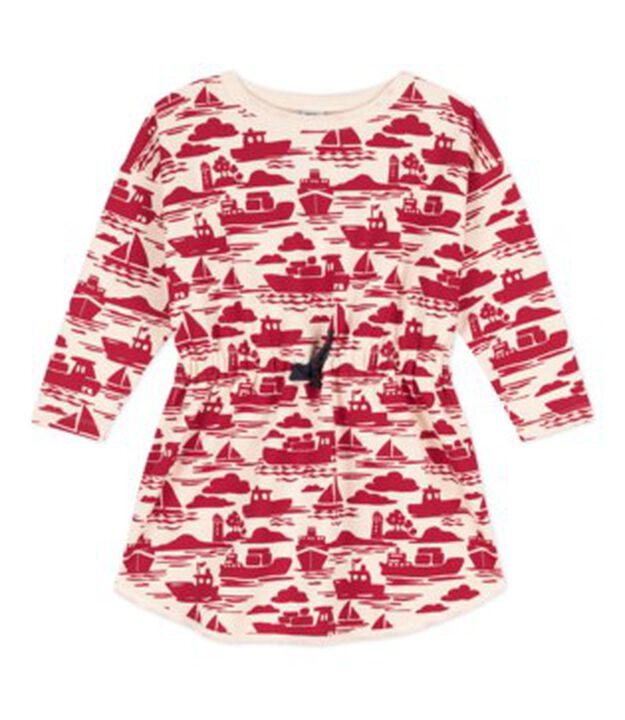 Robe manches longues molleton imprim&eacute; enfant fille &eacute;cru/rouge