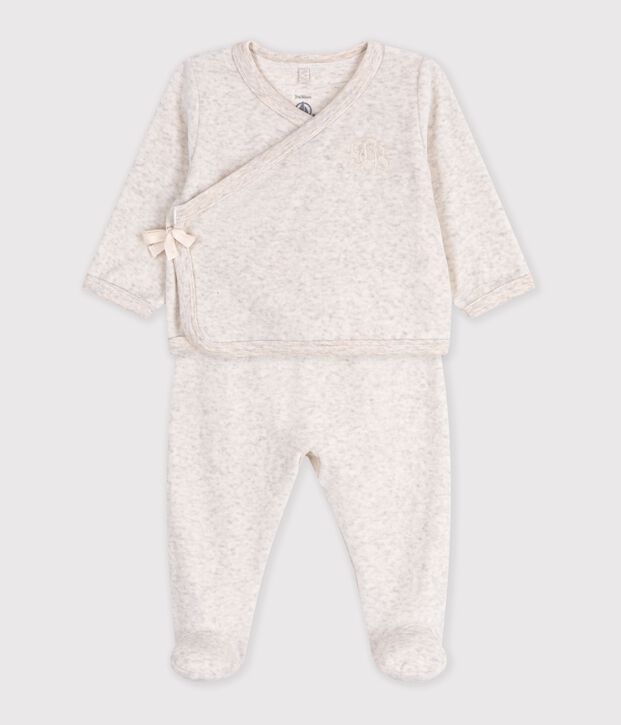 Ensemble b&eacute;b&eacute; en coton brod&eacute; poitrine uni beige chin&eacute;