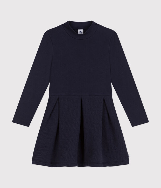 Robe manches longues bi-mati&egrave;re enfant fille bleu marine