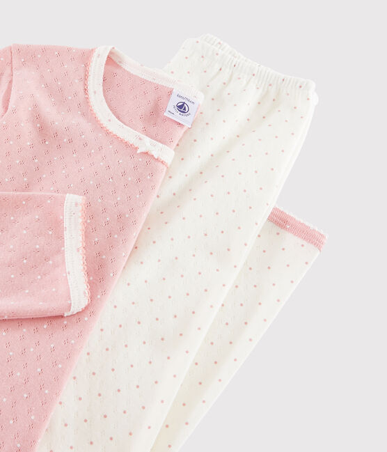 Pyjama rose à pois petite fille en côte troutrou blanc MARSHMALLOW/rose CHARME