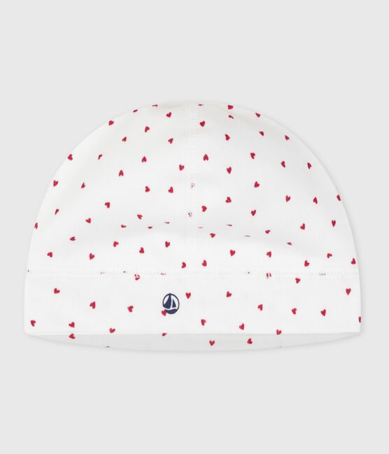 Geboortemutsje in katoen met hartjesprint wit MARSHMALLOW/rood TERKUIT