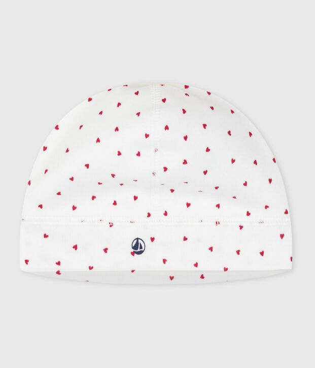 Bonnet naissance en coton imprim&eacute; c&oelig;urs blanc/rouge