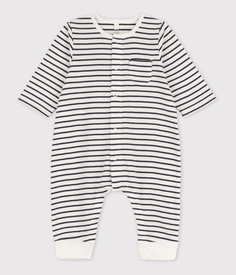 Combinaison longue ray&eacute;e marini&egrave;re en coton bio b&eacute;b&eacute; blanc/bleu