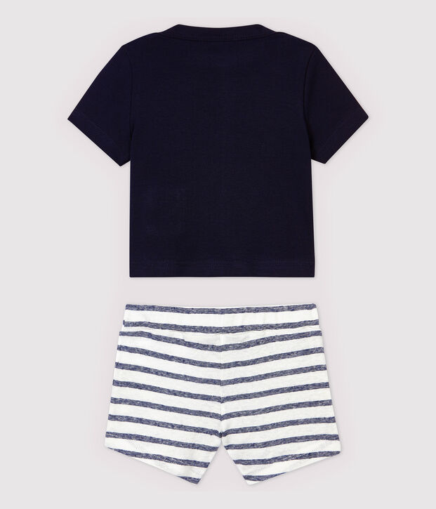 Katoenen linnen T-shirt/short voor babyjongens blauw/wit
