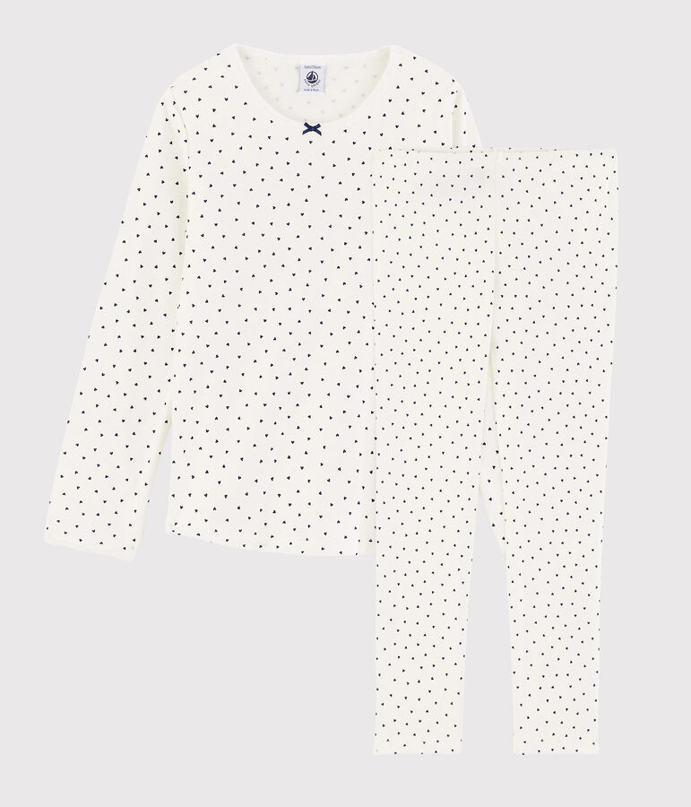 Pyjama &agrave; petits c&oelig;urs petite fille en coton blanc MARSHMALLOW/bleu MEDIEVAL