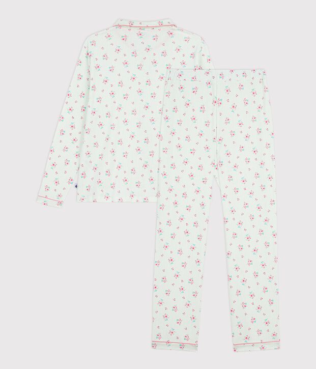 Pyjama boutonn&eacute; femme en coton imprim&eacute; blanc/multicouleur
