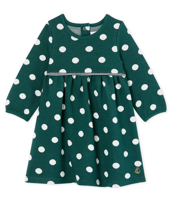 Jurk met lange mouwen en stippen babymeisje groen SOUSBOIS/wit MARSHMALLOW CN