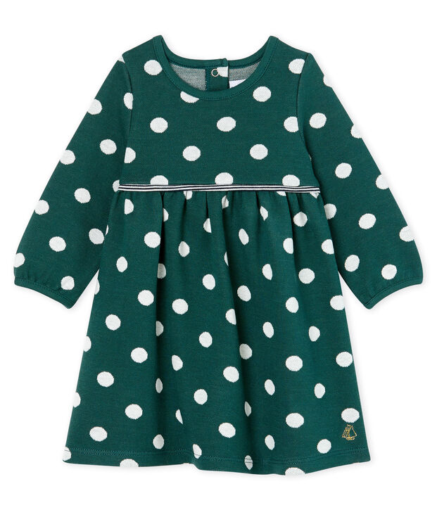 Jurk met lange mouwen en stippen babymeisje groen/wit