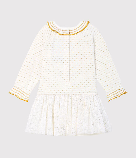 Jurk met lange mouwen twee soorten materiaal babymeisje wit MARSHMALLOW/geel OR