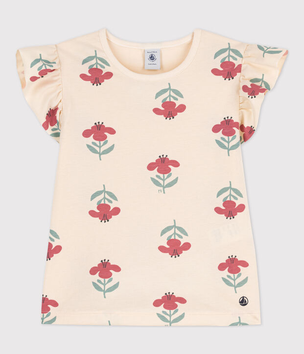 Tee-shirt imprim&eacute; en coton enfant fille &eacute;cru/bleu/multicouleur
