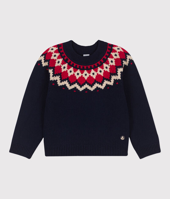 Pull jacquard en laine et coton enfant fille / garçon bleu SMOKING/blanc MULTICO
