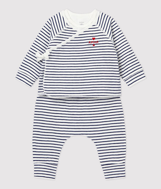 Ensemble 3 pièces rayé bébé en coton biologique blanc MARSHMALLOW/bleu SMOKING
