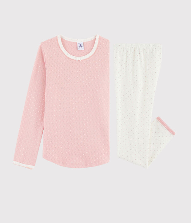 Roze meisjespyjama met stippen van ribtricot met gaatjes voor lint wit/roze