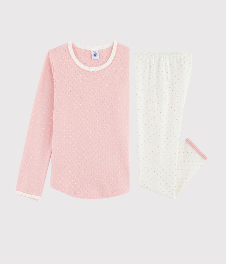 Roze meisjespyjama met stippen van ribtricot met gaatjes voor lint wit/roze