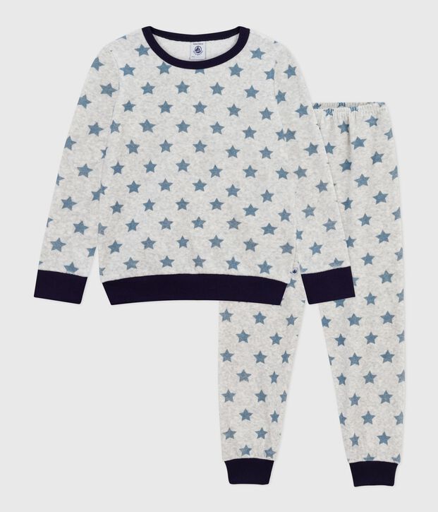 Pyjama enfant en velours imprim&eacute; etoiles gris/bleu