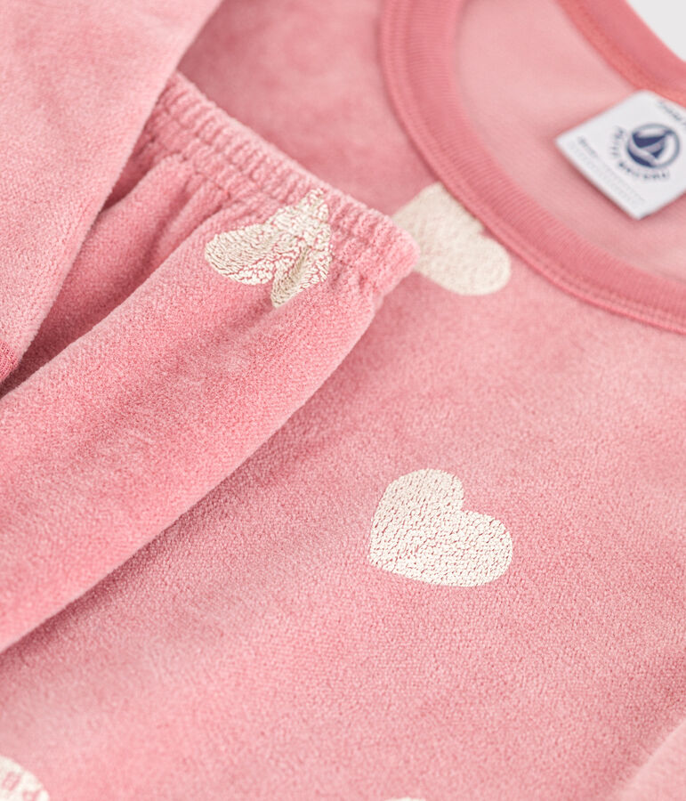 Fluwelen pyjama met hartjesprint voor kidneren roze ROSEWOOD/ MARSHMALLOW
