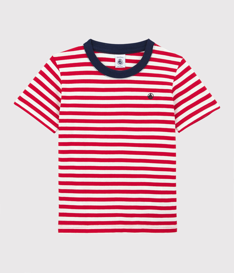 T-shirt manches courtes en coton enfant gar&ccedil;on rouge/blanc