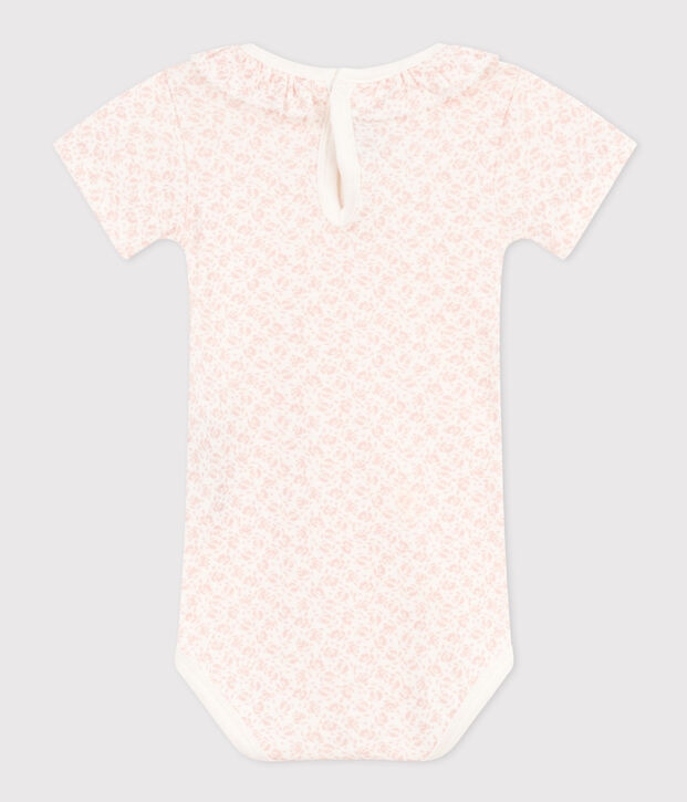 Body manches courtes &agrave; collerette en coton b&eacute;b&eacute; blanc/rose