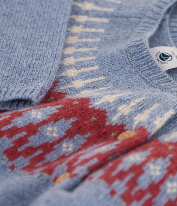 Combinaison longue jacquard b&eacute;b&eacute; en tricot laine et coton bleu/multicouleur