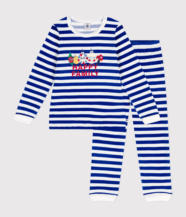 Gestreepte fluwelen kinderpyjama blauw/wit