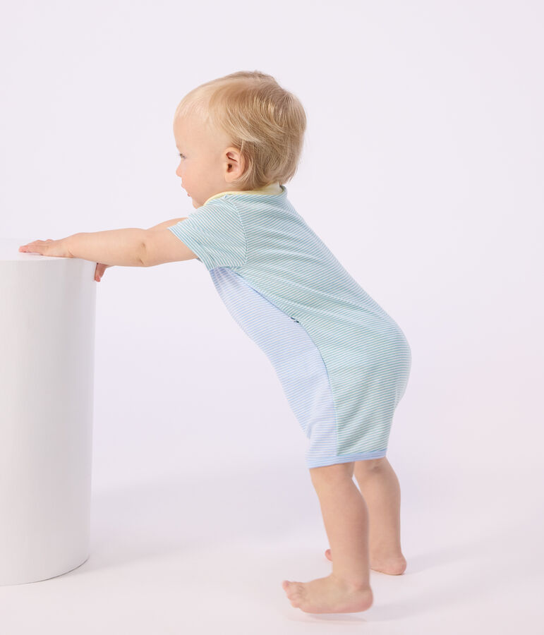 Kort kruippakje van katoen voor baby's met kraag groen/wit