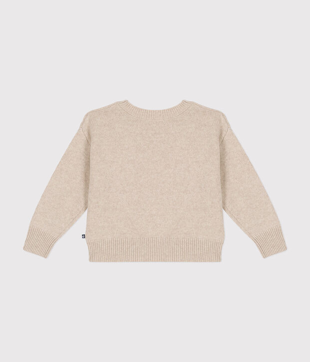 Pull laine et coton enfant fille &eacute;cru/rouge