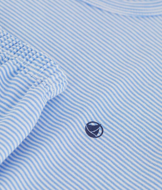 Korte katoenen kinderpyjama met streepjes blauw/wit