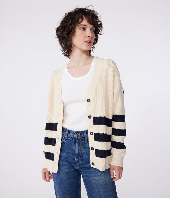 Katoenen damescardigan met strepen wit AVALANCHE/blauw SMOKING
