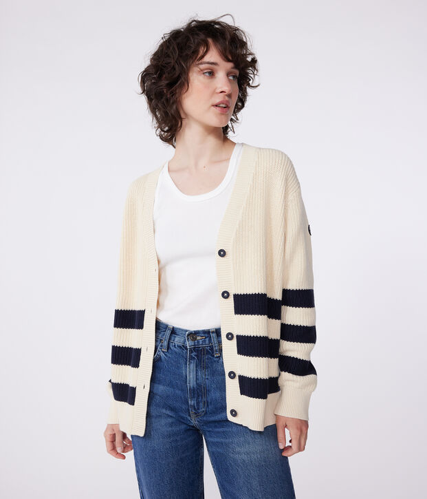Katoenen damescardigan met strepen ecru/blauw