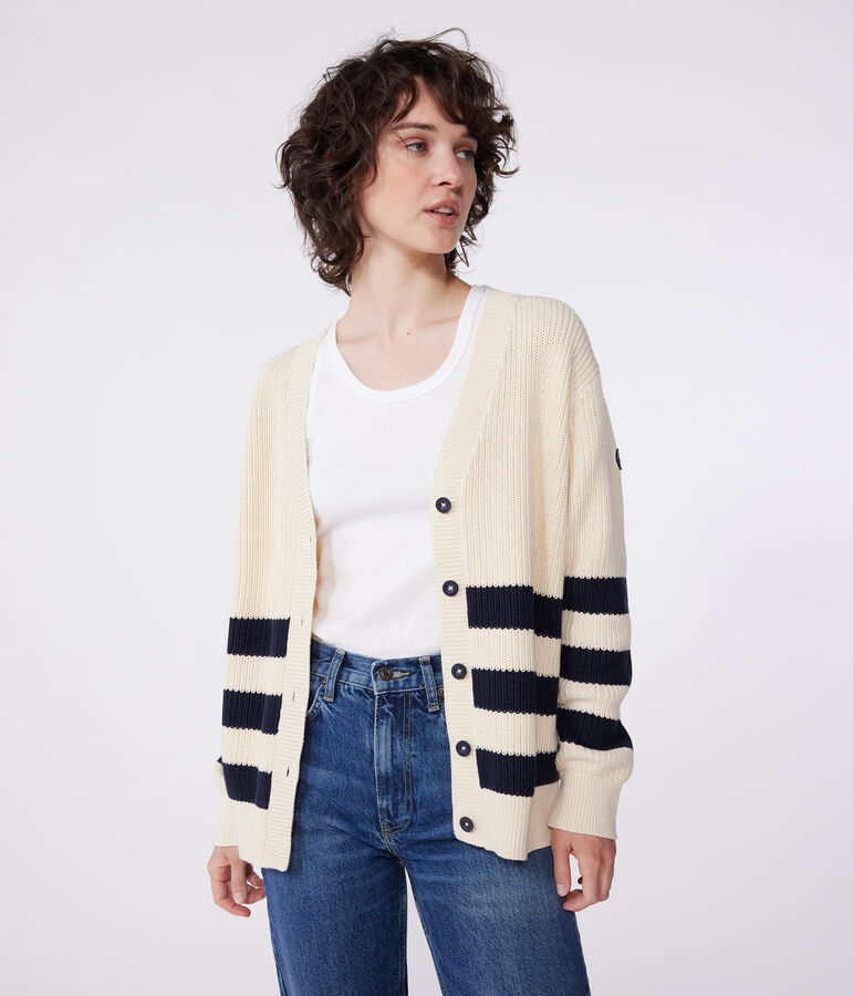 Cardigan femme en coton &agrave; rayures &eacute;cru/bleu
