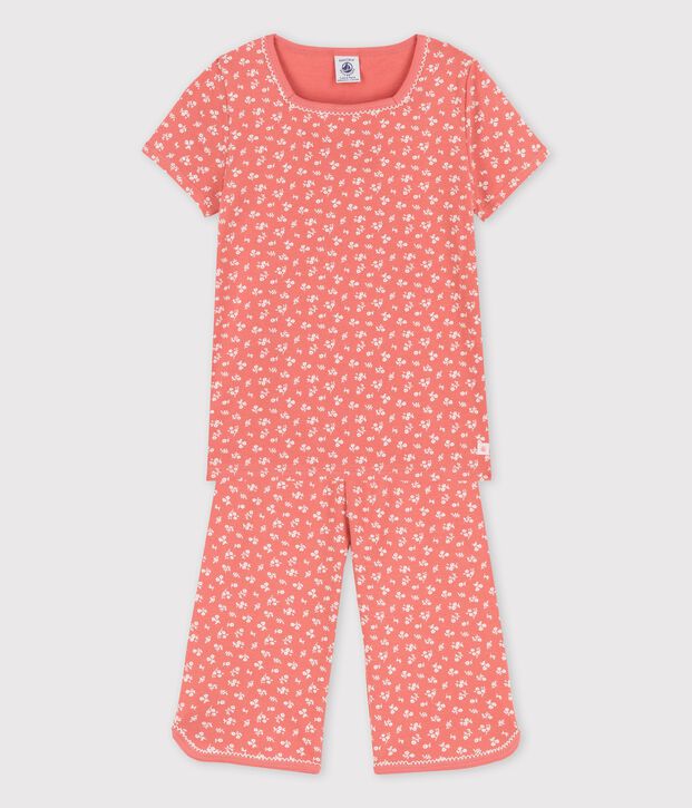 Meisjespyjama met korte mouwen en bloemenprint in biokatoen roze/wit