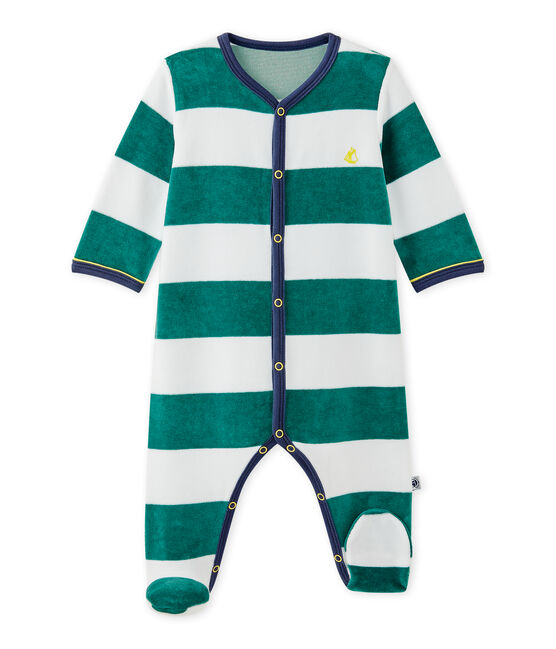 Gestreepte fluwelen pyjama voor babyjongens groen OLIVIER/wit ECUME