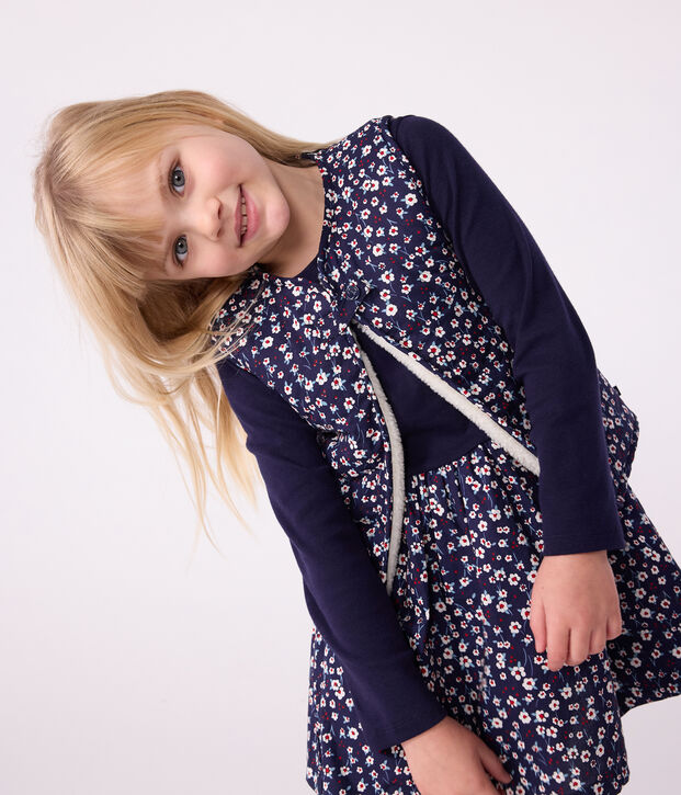 Gilet enfant en popeline de coton et sherpa sans manche imprim&eacute; bleu/multicouleur