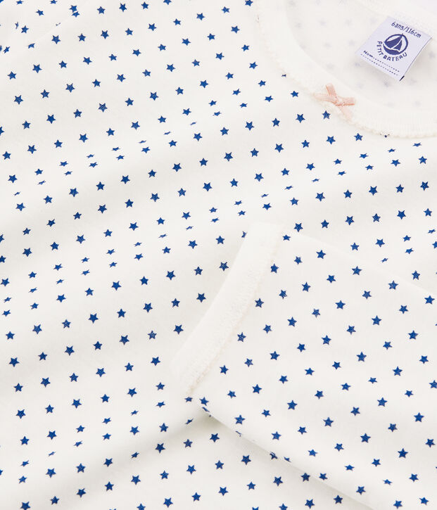 Pyjama petite fille en c&ocirc;te blanc/bleu