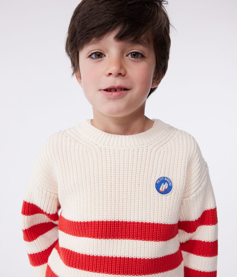 Pull enfant en coton &agrave; rayures &eacute;cru/rouge