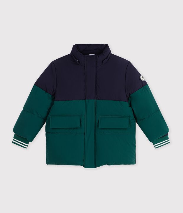 Effen donsjack voor kinderen met colorblock groen/blauw